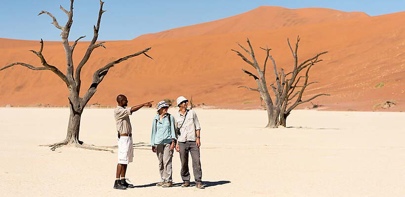couple in Namibia with safari guide pointing