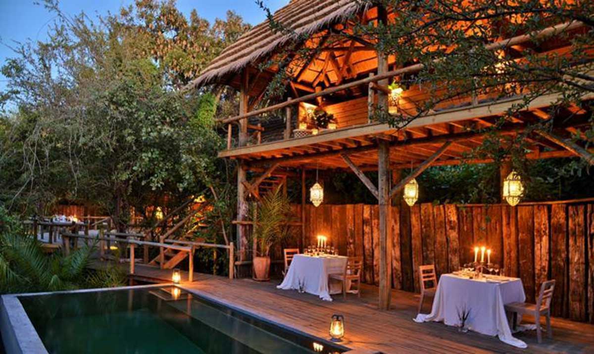 lit up safari resort at dusk