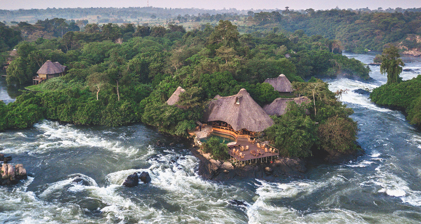 Nile river with restaurant between jungle